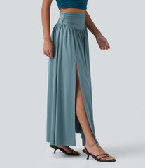 High Waisted Ruched Split 2-in-1 Maxi Stretchy Satin-Like InstantCool Party Flowy Skirt with Pockets