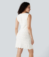 U-Neck Sleeveless Scallop Hem Open Knit Mini Casual Sweater Dress
