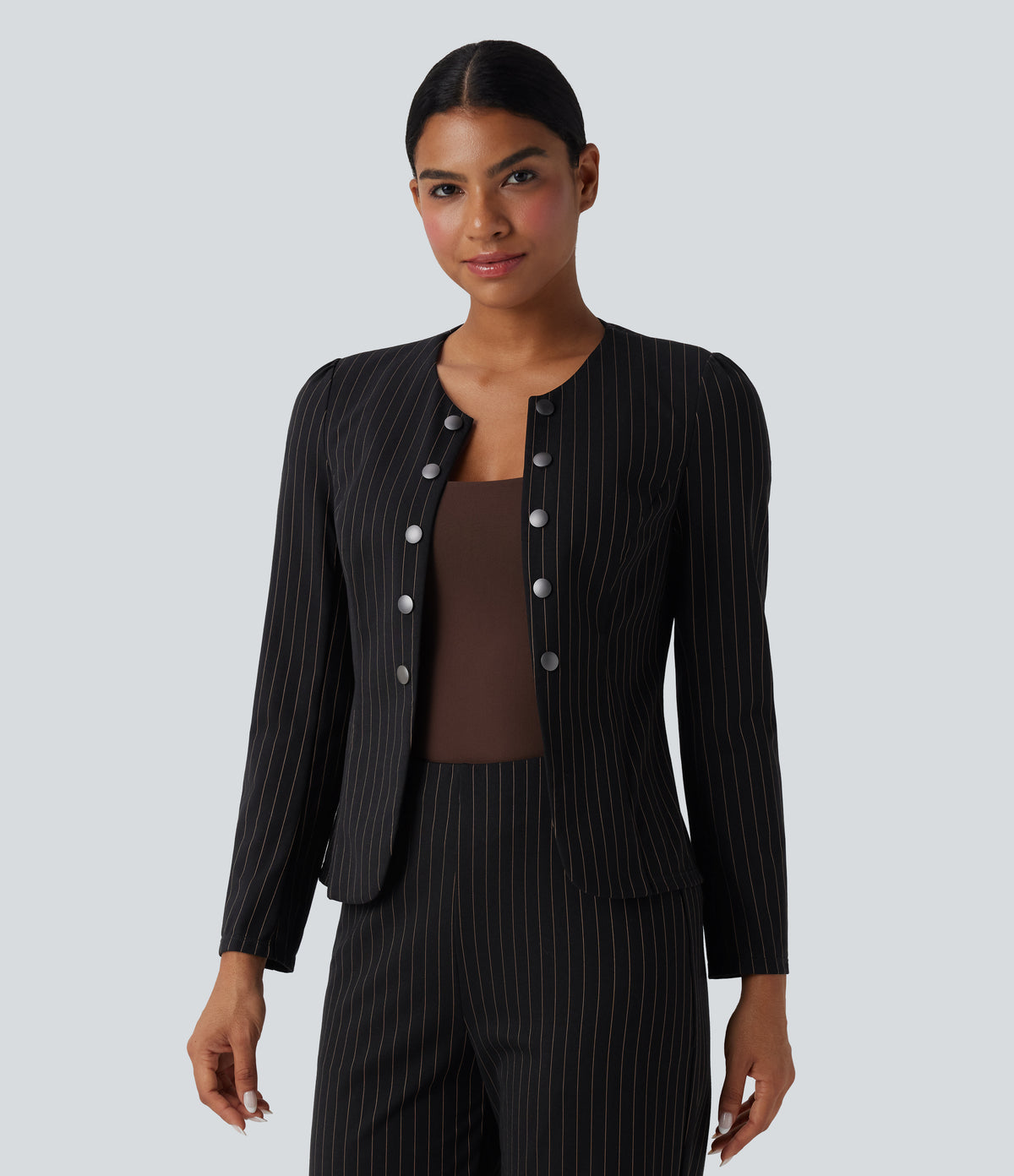 Round Neck Long Sleeve Open Front Work Blazer