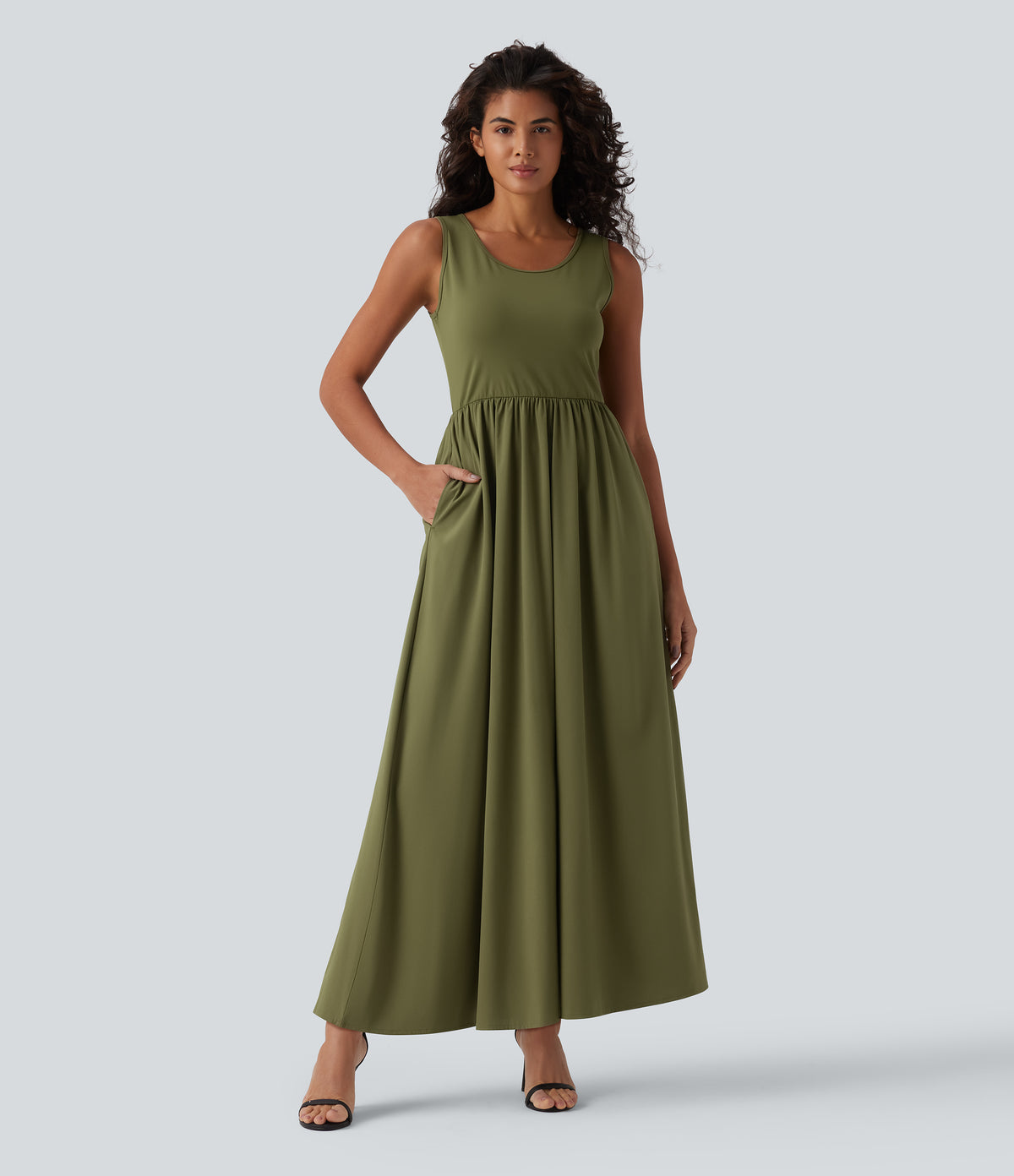 U Neck Sleeveless Flowy Maxi Casual Dress with Pockets