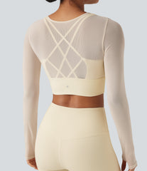 Contrast Mesh Long Sleeve Thumb Hole 2-in-1 Cropped Yoga Sports Top