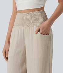 High Waisted Shirred Linen-Feel Casual Bubble Pants with Pockets