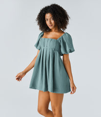Lace Up Square Neck Puff Sleeve Pocket Casual Linen-Feel Babydoll Dress