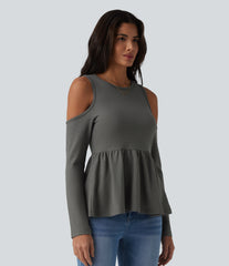 Round Neck Cut Out Long Sleeve Ruffle Hem Waffle Casual T-Shirt