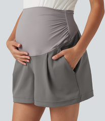 DayStretch Super High Waisted Ruched Work Bagyy Maternity Shorts 4'' with Pockets