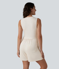 Ribbed V-neck Sleeveless Ruched Built-in Bra 2-in-1 Casual Romper with Pockets-Easy Peezy