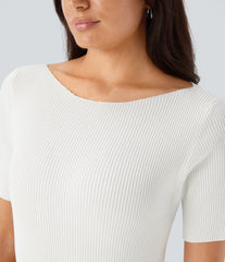 Boat Neck Short Sleeve Slim Work Sweater