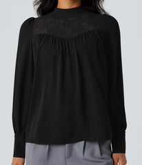 Mock Neck Long Sleeve Contrast Lace Work Shirt