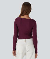 Ribbed Henley Neck Long Sleeve Casual Top