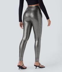 SoftlyZero™ Faux Leather High Waisted Drawstring Pocket Sparkle Foil Print Stretchy Joggers