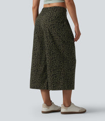 Mid Rise Leopard Print Cropped Casual Baggy Pants with Pockets