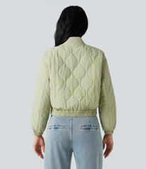 Stand Collar Long Sleeve Casual Bomber Quilted Jacket with Pockets