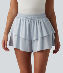 Mid Rise Drawstring Layered Ruffle Hem Satin Casual Shorts