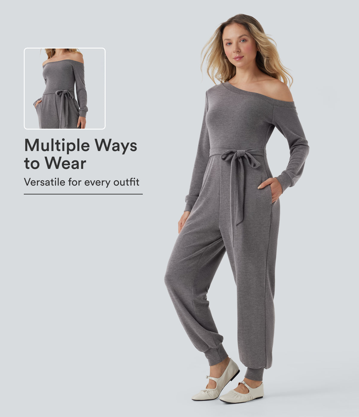 Off-Shoulder Long Sleeve Tie Casual Jumpsuit with Pockets