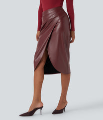 High Waisted Stretchy PU Fleece Tulip Hem Skirt