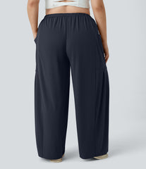 Mid Rise Elastic Waistband Drawstring Pocket Palazzo Flowy Wide Leg Casual Plus Size Pants