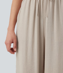 High Waisted Drawstring Casual Linen-Feel Pants with Pockets