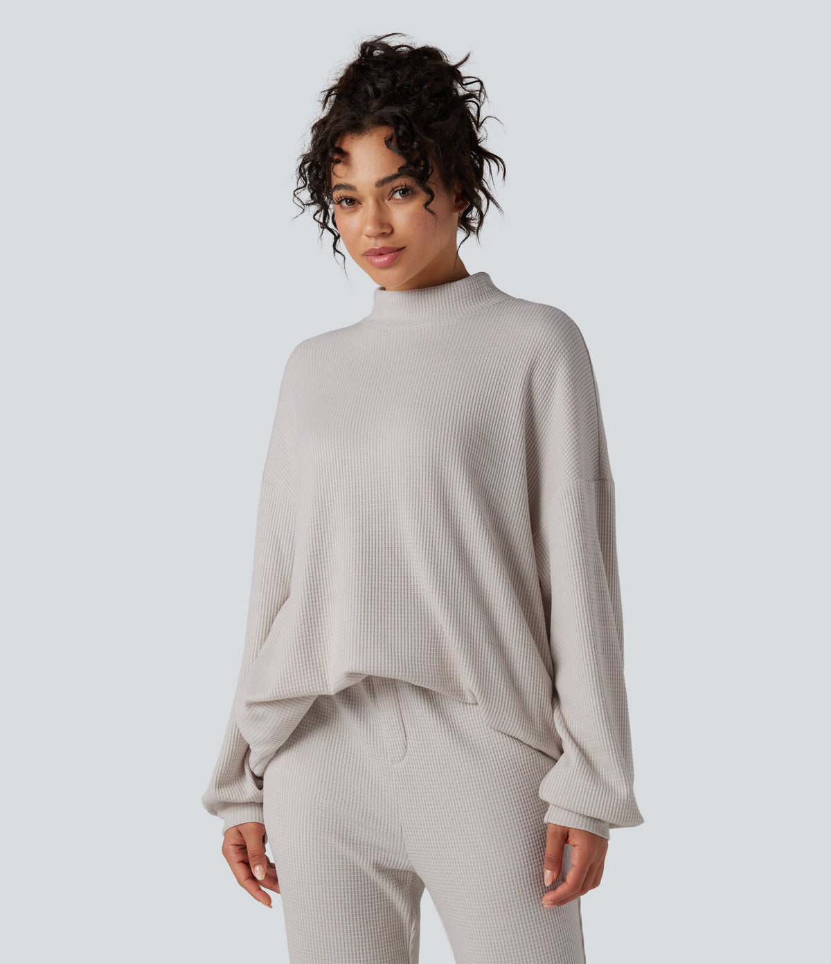 Mock Neck Long Sleeve Relaxed Waffle Casual Sweatshirt with Pockets