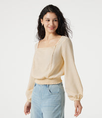 Square Neck Tie-back Bishop Sleeve Lace Panel Shirred Casual Linen-Feel Blouse