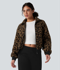 High-neck Contrast Ribbed Zip Fly Casual Sherpa Jacket with Pockets
