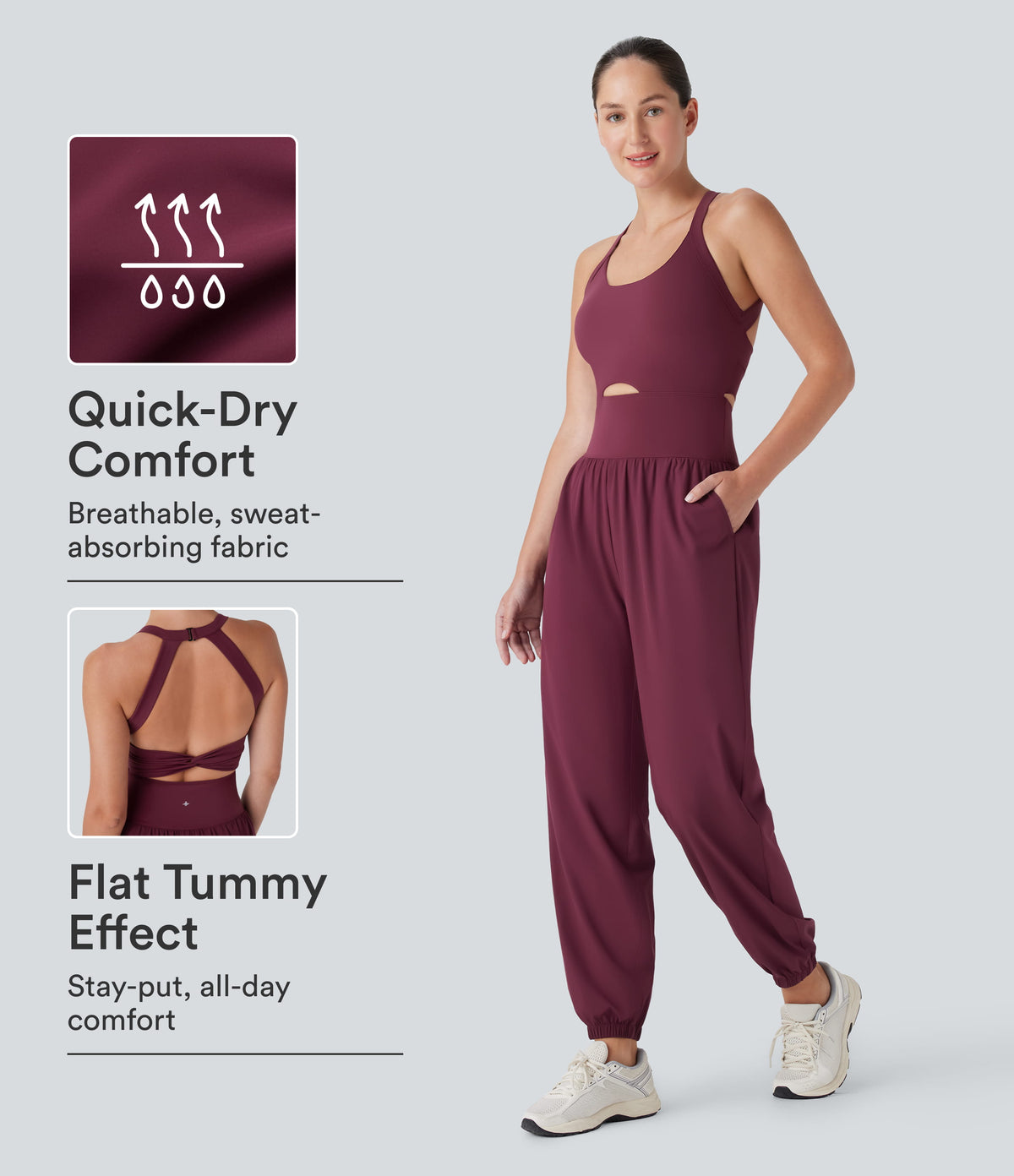 Breezeful™ U Neck Cu Out Tummy Control Pocket Quick Dry Yoga Jumpsuit