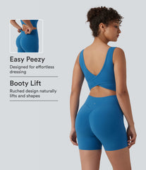 Halara UltraSculpt™ Crisscross Backless Tummy Control Butt Lifting Scrunch Non-Removable Pad Workout Skinny Romper with Pockets-Easy Peezy