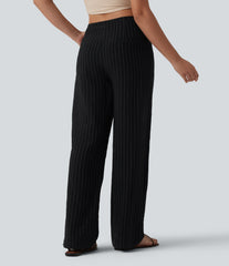 Mid Rise Drawstring Stripes Casual Linen-Blend Baggy Pants with Pockets