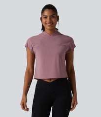 Hooded Cap Sleeve Cropped Breathable Mesh InstantCool Quick Dry Running Sports Top-UPF50+