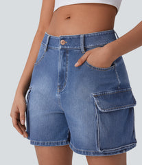 Halara Flex™ Low Rise Pockets Washed Denim Casual Cargo Shorts