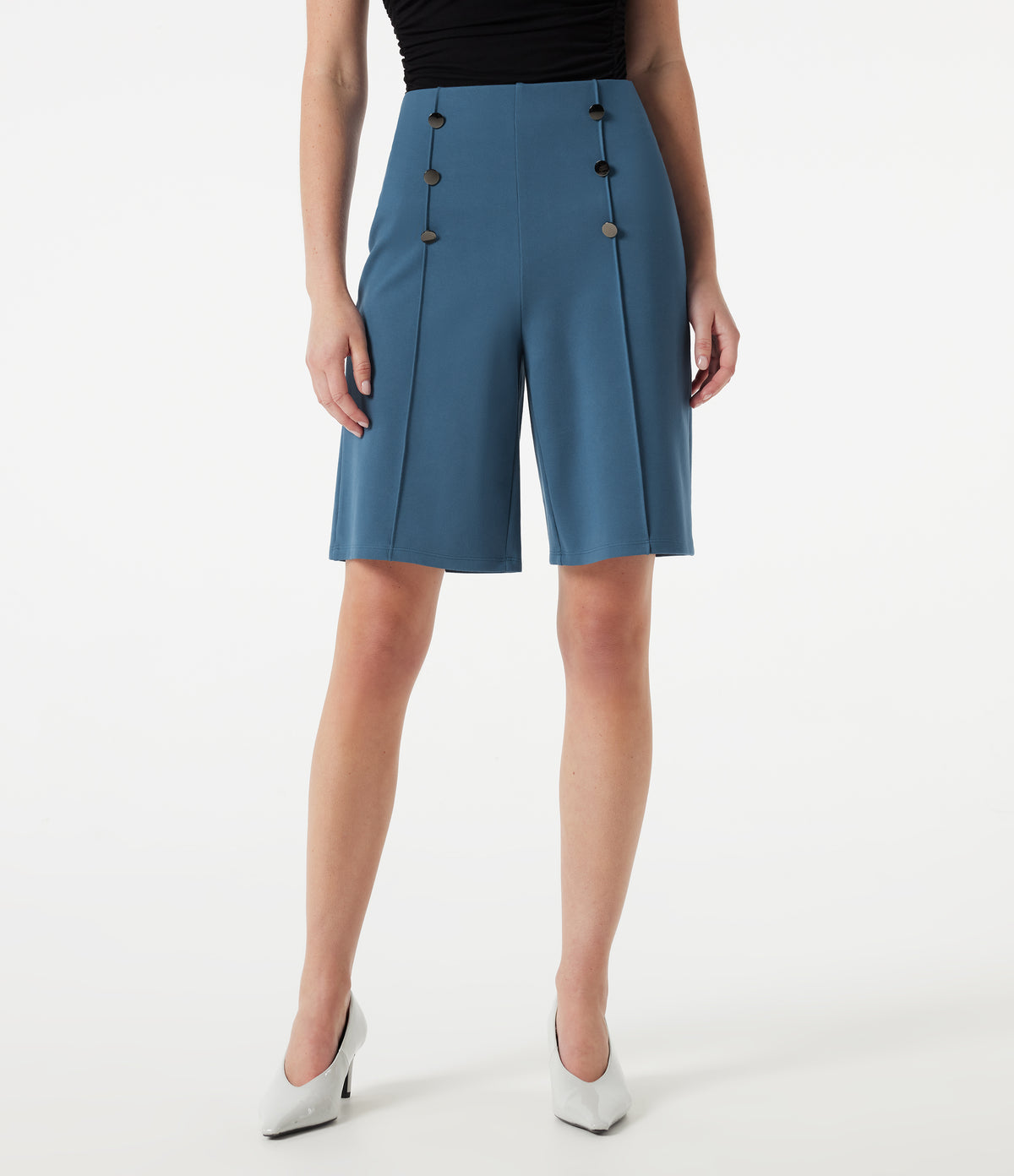 High-waisted Decorative Buttons Work Baggy Bermuda Shorts with Pockets