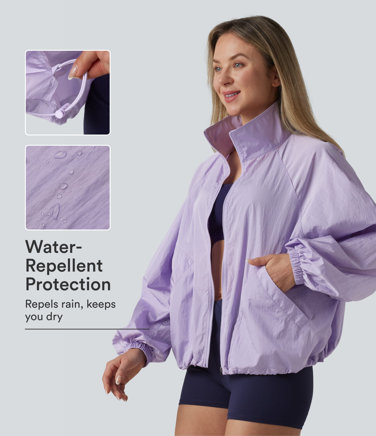 Durable Water Repellent Stand Collar Long Sleeve Zipper Workout Jacket with Pockets