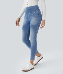 High Waisted Pockets Denim 7/8 Casual Leggings