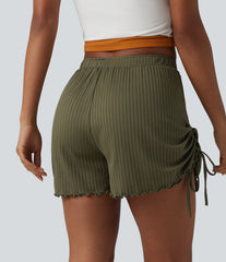 Ribbed Knit Mid Rise Drawstring Lettuce Trim Shorts 4'' with Pockets
