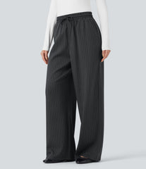 High Waisted Drawstring Wide Leg Stripe Casual Pants with Pockets