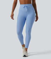 Ribbed Knit High Waisted Drawstring Tummy Control Quick Dry Workout Leggings with Pockets-UPF50+