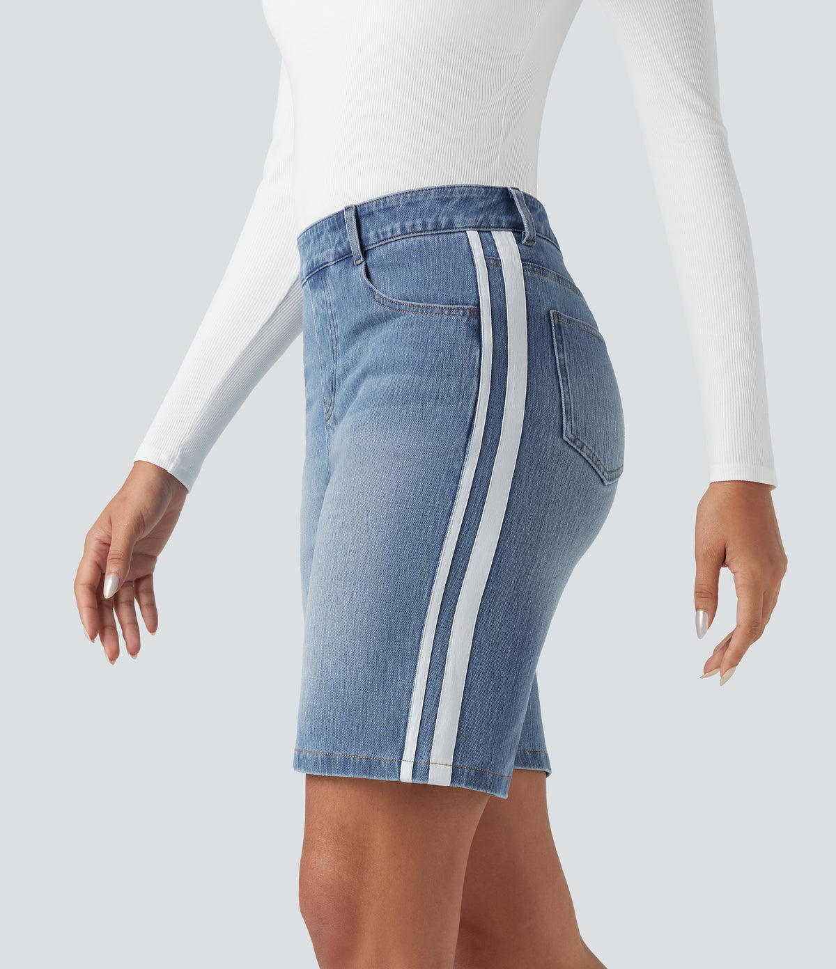 Halara Flex™ High Waisted Stripe Denim Casual Bermuda Shorts with Pockets