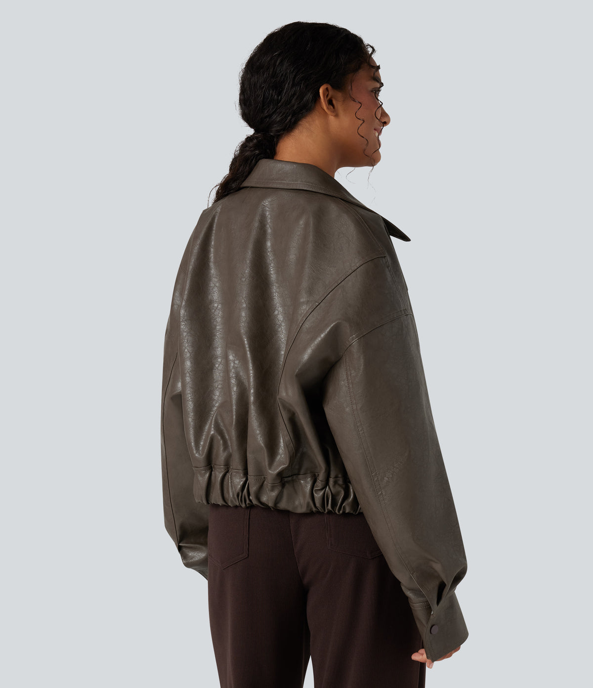 Zipper Long Sleeve Casual Faux Leather Jacket with Pockets
