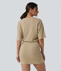 Ribbed Knit V Neck Short Sleeve Ruched Bodycon Mini Casual Dress