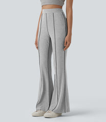 High Stretch Ribbed Knit High Waisted Color Block Top-stitching Casual Flare Leggings with Pockets