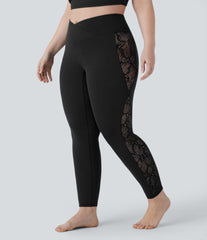 SoftlyZero™ High Waisted Crossover Contrast Lace Pocket Yoga 7/8 Plus Size Leggings-UPF50+