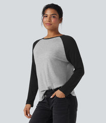 Round Neck Raglan Long Sleeve Color Block Casual Top