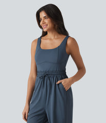 U-neck Sleeveless Drawstring Ruched Casual Jumpsuit with Pockets