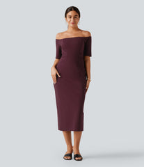 Off Shoulder Short Sleeve Bodycon Midi Dress