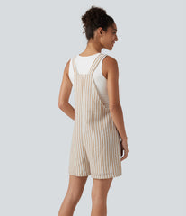 Knot Strap Stripe Casual Linen-Feel Short Overalls with Pockets