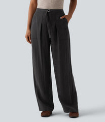 Adjustable High Waisted Linen Work Baggy Pants with Pockets
