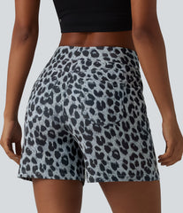 High Waisted Leopard Waffle Casual Baggy Shorts 5'' with Pockets