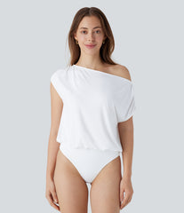Asymmetrical Neck Ruched Work Bodysuit