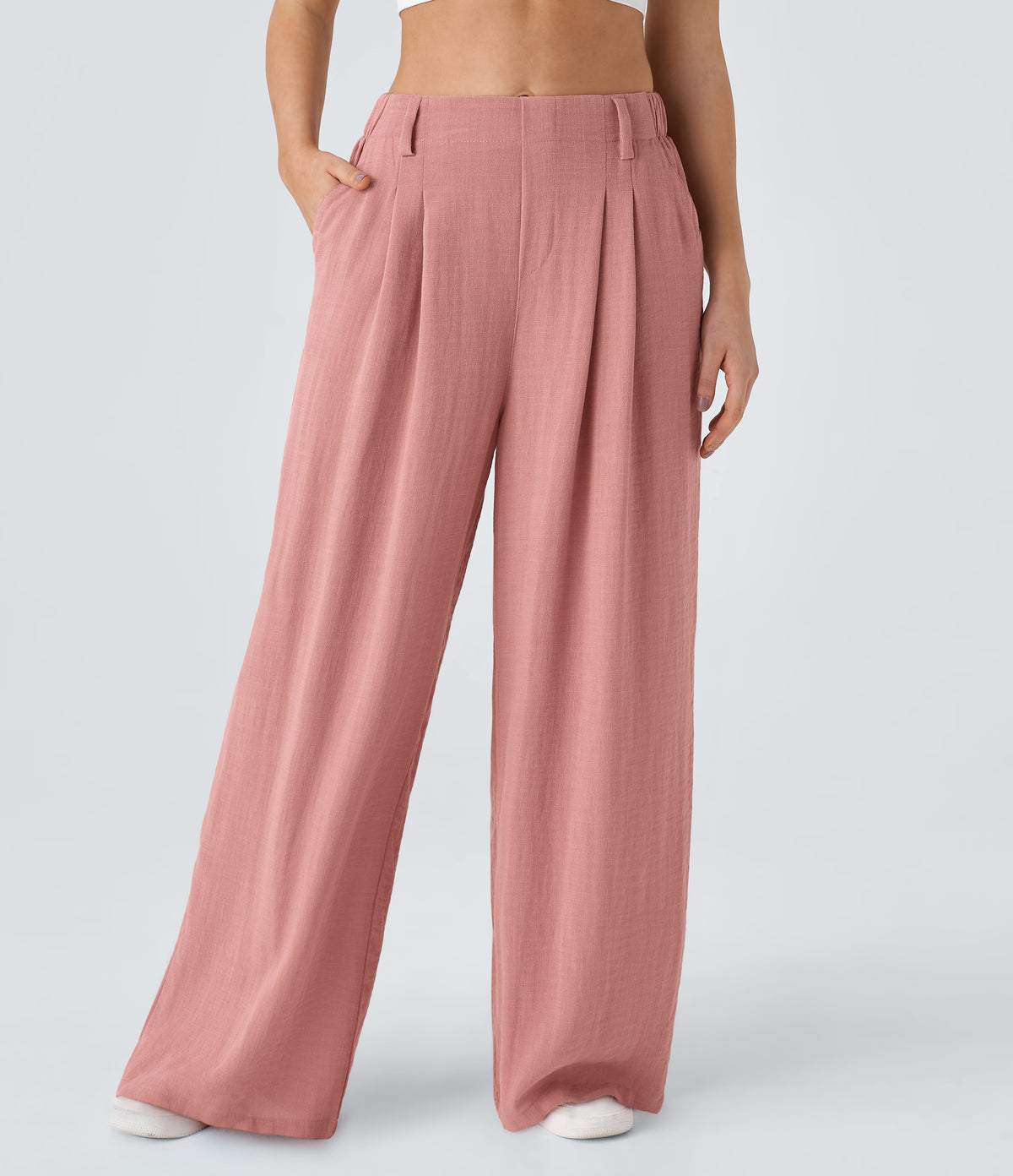 High Waisted Pocket Wide Leg Flowy Solid Palazzo Casual Linen-Feel Pants