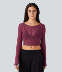 Boat Neck Long Sleeve Sheer Mesh Cropped Top