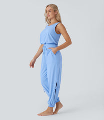 Sleeveless Cut Out Drawstring Pocket InstantCool Yoga Jumpsuit-UPF50+